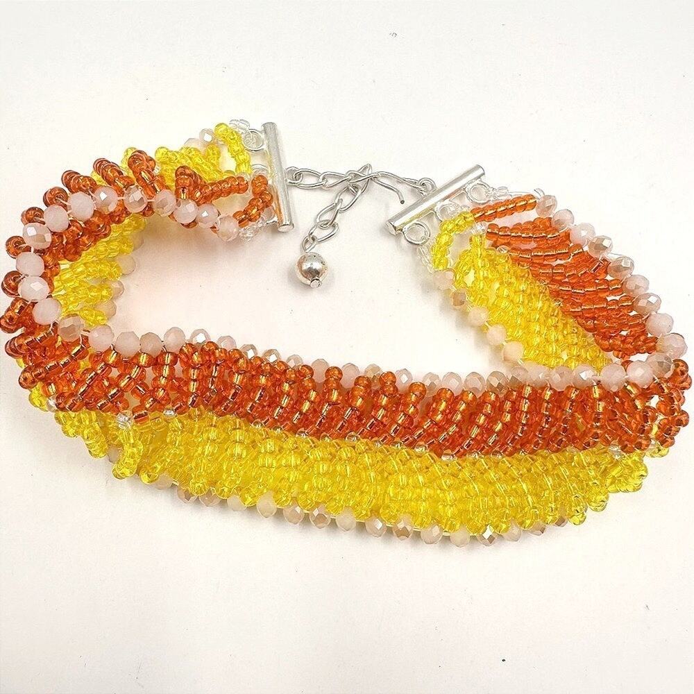 Vintage 90s Multicolor Seed Beaded Choker Necklace Silver Tone Women's Jewelry